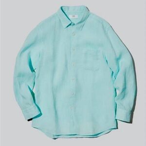 UNIQLO Premium Linen Shirt Mens Sz L Aqua Green Button Down Summer Light Classic